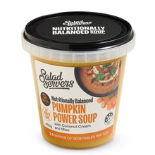 Load image into Gallery viewer, Container of Salad Servers pumpkin power soup with a black lid on a white background
