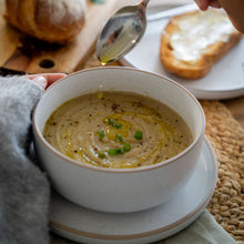 Load image into Gallery viewer, Potato and leek soup in white bowl
