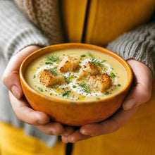 Load image into Gallery viewer, Potato and leek soup in orange bowl with croutons 
