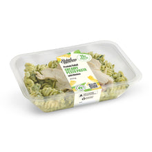 Load image into Gallery viewer, A clear plastic tub of Salad Spinner Protein Salad Granada Pesto Pasta with Chicken, showing the green pasta, sliced chicken, and a white label with green and yellow accents, set against a plain white background.
