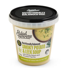 Load image into Gallery viewer, Container of Salad Servers smoky potato &amp; leek soup with black lid on a white background
