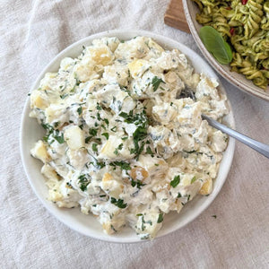 Australian Potato Salad on white linen table cloth