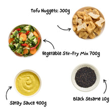 Load image into Gallery viewer, Ingredients for Satay Tofu stir fry kit including tofu nuggets, vegetable stir-fry mix, satay sauce, and black sesame seeds on a white background. 
