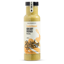 Load image into Gallery viewer, A bottle of Salad Servers Freshly Dressed Creamy French Dressing on a clean white background. The bottle contains a pale yellow dressing and features a white label with orange splash graphics and black text, topped with a black cap.
