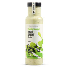 Load image into Gallery viewer, A bottle of Salad Servers Freshly Dressed Herby Caesar dressing with a white label, green splash graphics, and a black cap, shown on a plain white background.
